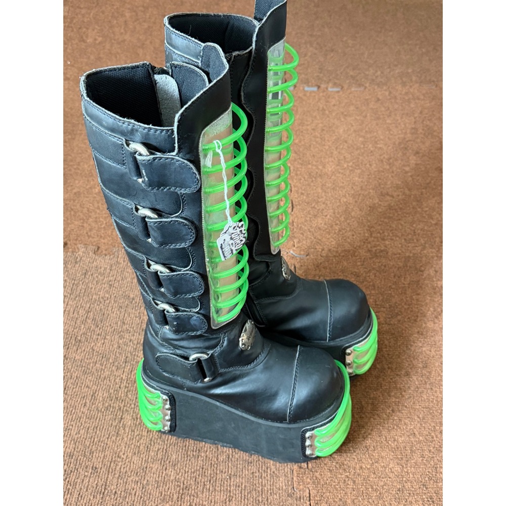 Demonia Pleaser Techno-850UV Boots Black Neon Green Cyber Goth Platform Womens 7 - Picture 2 of 16